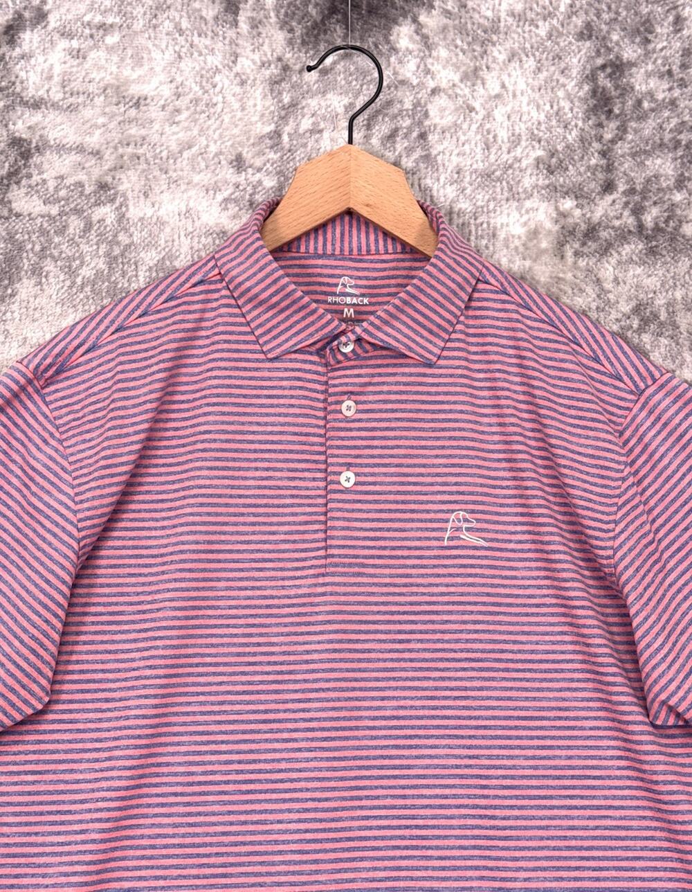 Rhoback Polo Shirt Medium Mens Blue & Pink Striped Performance Golf
